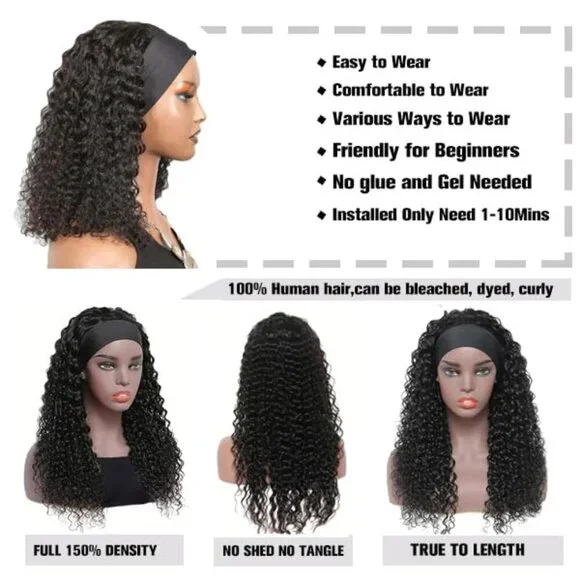 Curly Human Hair Headband Wig 20Inch Glueless Tangle-Free Natural Color